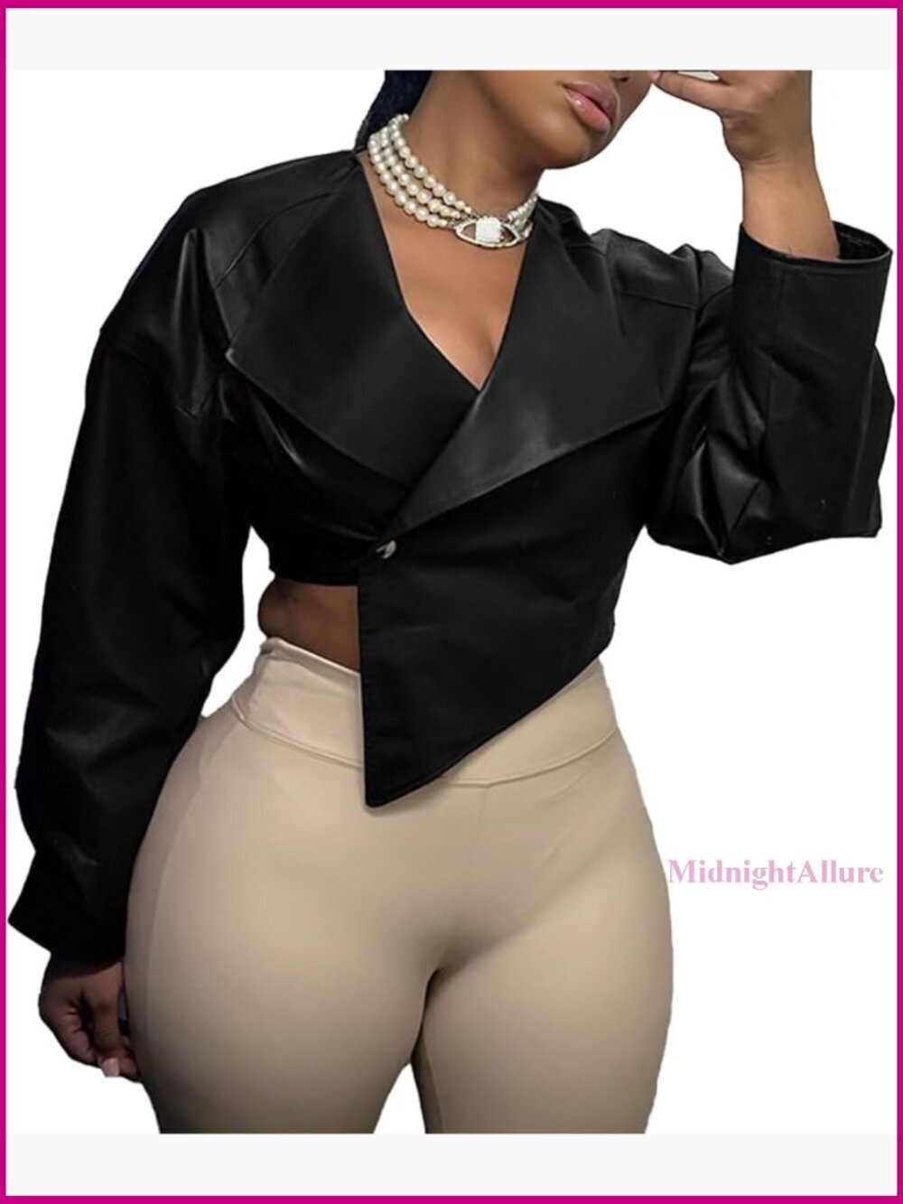 Faux Leather Cropped Jacket Women's Long Sleeve Button Down Lapel Neck